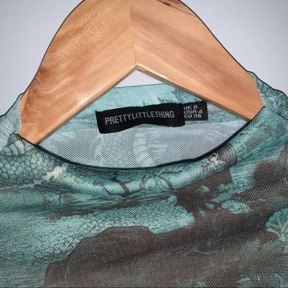 PrettyLittleThing Crop Top Size 4 Emerald Long Sleeve Chinese Dragon Mesh Ruched - Picture 8 of 8